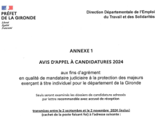 Avis d'appel à candidatures 2024 à fin d'agrément en qualité de mandataire judiciaire à la protection des majeurs à titre individuel pour la Gironde